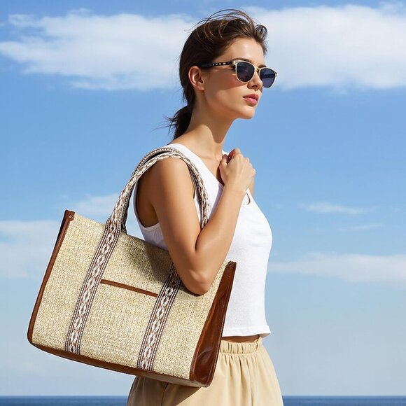 Straw Beach Tote Bag Women's Summer Handmade Woven Shoulder Purse - Picture 8 of 8